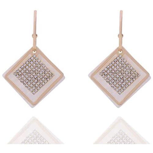 Grasiue: White Rhombus Graphite plate with white crystal Drop Earrings, Gold coating with Silver type. Design by French Designer. Christmas party, feast, dating, daily.