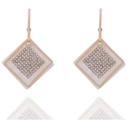 Grasiue: White Rhombus Graphite plate with white crystal Drop Earrings, Gold coating with Silver type. Design by French Designer. Christmas party, feast, dating, daily.