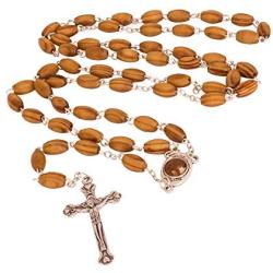 Catholic Oval Olive Wood Rosary Beaded Prayer Jerusalem Cross Decor Crucifixion of Christ Jesus Necklace for Auto Vehicle for Men Women Religious Jewelry Pendant 14 inch
