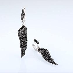 Santuzza 925 Sterling Silver Angel Wing Black Spinel Drop Earrings Lucky Ear Dangles for Gift to Women Girls Chirsmas Birthday Thanksgiving Graduation