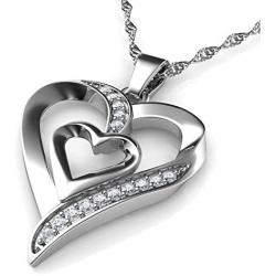 DEPHINI - Heart Necklace - 925 Sterling Silver - Double Love Heart Pendant with CZ Crystals - Fine Jewellery Woman Necklace - 18'' Rhodium Plated Silver Chain - Cubic Zirconia - Gifts for Women