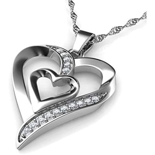 DEPHINI - Heart Necklace - 925 Sterling Silver - Double Love Heart Pendant with CZ Crystals - Fine Jewellery Woman Necklace - 18'' Rhodium Plated Silver Chain - Cubic Zirconia - Gifts for Women