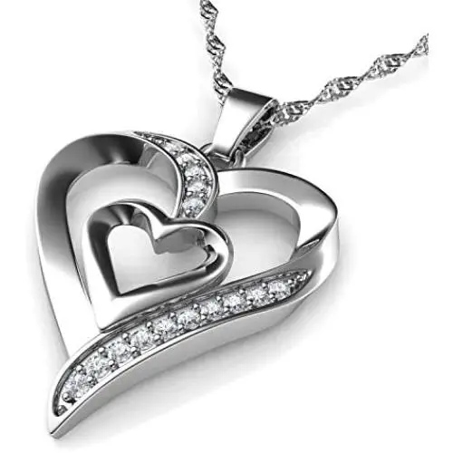 DEPHINI - Heart Necklace - 925 Sterling Silver - Double Love Heart Pendant with CZ Crystals - Fine Jewellery Woman Necklace - 18'' Rhodium Plated Silver Chain - Cubic Zirconia - Gifts for Women