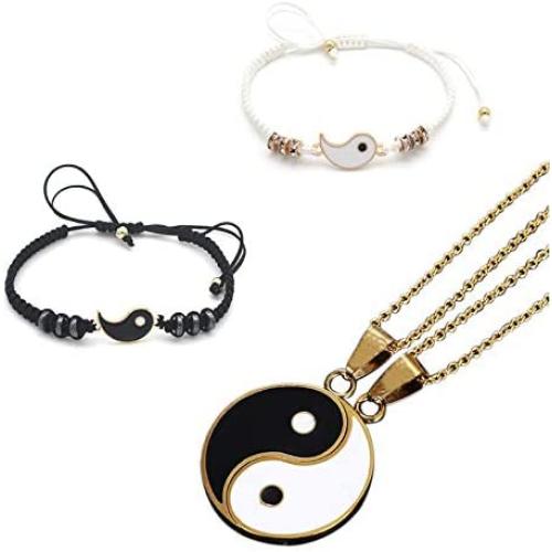 3~4 Pcs Yin Yang Chain Bracelets Necklaces Earrings Set Matching Yin Yang Adjustable Cord Bracelets Yin Yang Couple Pendant Necklace Dangle Earrings for Women Couple Friendship Accessories Jewelry