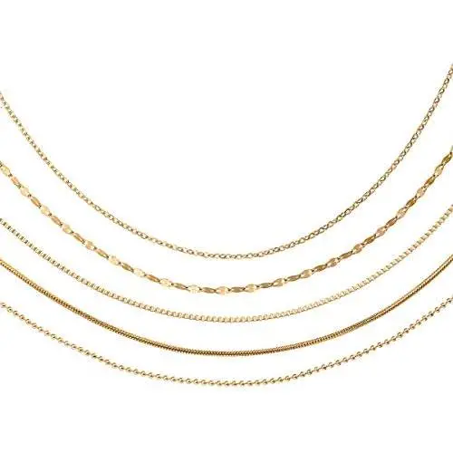 AMYJANE 5 Pack Necklace Chain for Women Stainless Steel 5 Style Link Cable Chain Ball Chain Box Chain Snake Chain Lip Chain Necklace with Lobster Clasp for DIY Jewelry Making (16+2)