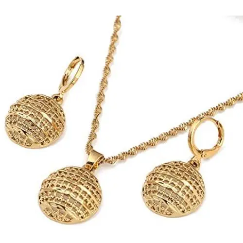 24k Gold Jewelry Set Necklace Earrings Pendant African Round Beads Jewelry Set for Women