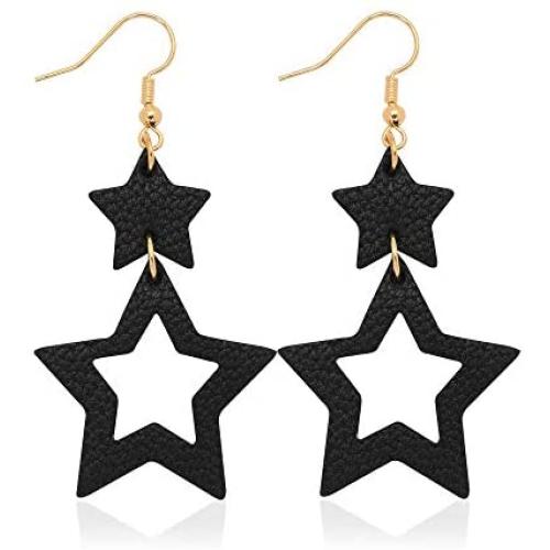Jagucho Leather Star Earrings Dangle for Women, Lightweight Handmade Earrings Drop for Teen Girls, Gifts for Women