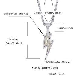 JINAO Hip Hop Lightning Bolt Design Pendant 18k Gold Plated Iced Out CZ Pendant Necklace with Micropave Simulated Diamond for Men Women