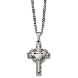 Solid Stainless Steel Mens Celtic Irish Claddagh Cross Pendant Necklace Charm Chain - with Secure Lobster Lock Clasp 20''