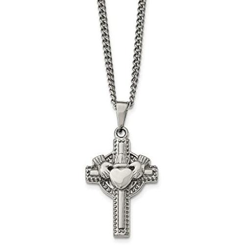 Solid Stainless Steel Mens Celtic Irish Claddagh Cross Pendant Necklace Charm Chain - with Secure Lobster Lock Clasp 20''