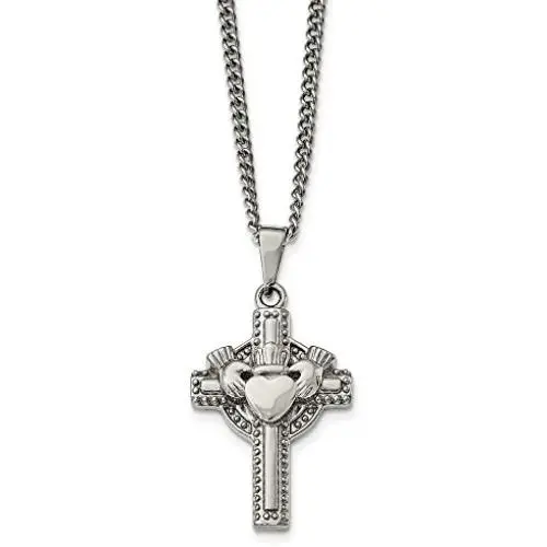 Solid Stainless Steel Mens Celtic Irish Claddagh Cross Pendant Necklace Charm Chain - with Secure Lobster Lock Clasp 20'' Solid Stainless Steel Mens Celtic Irish Claddagh Cross Pendant Necklace Charm Chain - with Secure Lobster Lock Clasp 20''