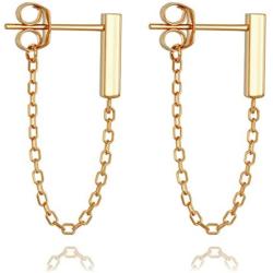 925 Sterling Silver Gold Chain Earrings - Bar Drop Line Chain Dangle - Small Cute Staple Bar Cable Studs for Women or Girls - Minimalist Modern Design by Galis (Silver & Gold-Plated variations)