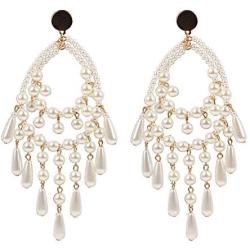 Big Size Long White Teardrop Bead Simulated Pearl Dangle Earrings for Women Gold Color Metal Statement Drop Earrings