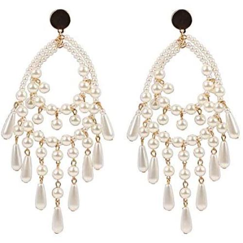Big Size Long White Teardrop Bead Simulated Pearl Dangle Earrings for Women Gold Color Metal Statement Drop Earrings