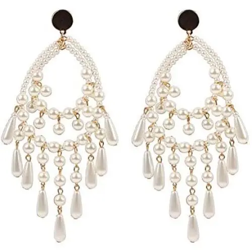 Big Size Long White Teardrop Bead Simulated Pearl Dangle Earrings for Women Gold Color Metal Statement Drop Earrings