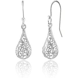 Sterling Silver Teardrop Filigree Polished Dangle Earrings