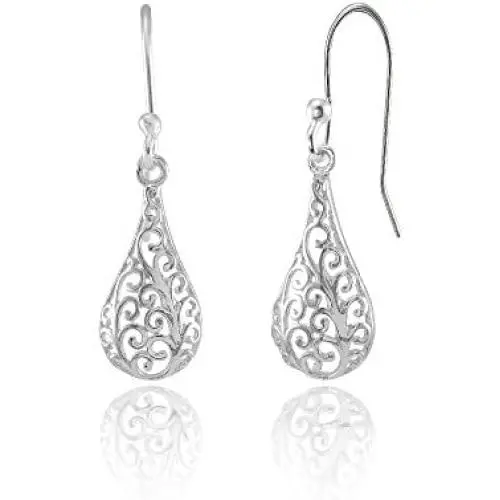 Sterling Silver Teardrop Filigree Polished Dangle Earrings