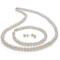 14K Gold Freshwater Pearl Necklace Bracelet Stud Earring Set,18''