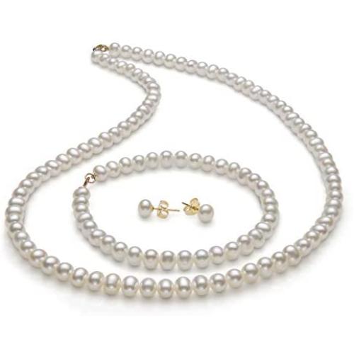 14K Gold Freshwater Pearl Necklace Bracelet Stud Earring Set,18''