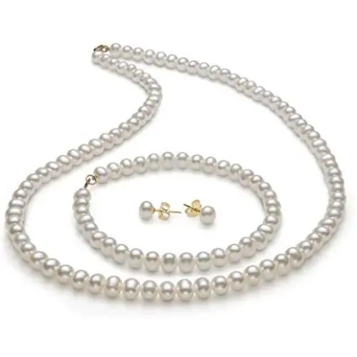14K Gold Freshwater Pearl Necklace Bracelet Stud Earring Set,18''