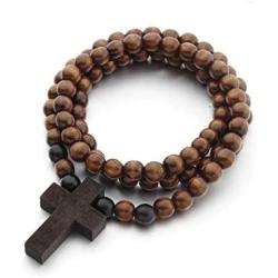 COLORFUL BLING Classic Natural Wood Beads Cross Pendant Necklace for Men Women Religious Rosary Jewelry Handmade Prayer Accessories