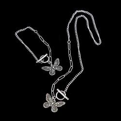 yansport Butterfly Pendant Necklace Bracelet Set, 2PC Vintage Couple Necklace Bracelet, Fashion Butterfly Chain Necklace Bracelet for Women Girls