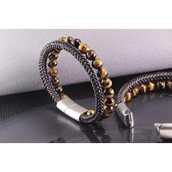 HASKARE Mens Bead Leather Bracelet, Tiger Eye Black Obsidian Braided Genuine Leather Beads Bracelet with 316L Stainless Steel Magnetic Closure for Men