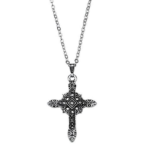 Palm Beach Jewelry Silver Tone Antiqued Round Genuine Black Marcasite Cross Antiqued Pendant (23mm) with 18 inch Chain