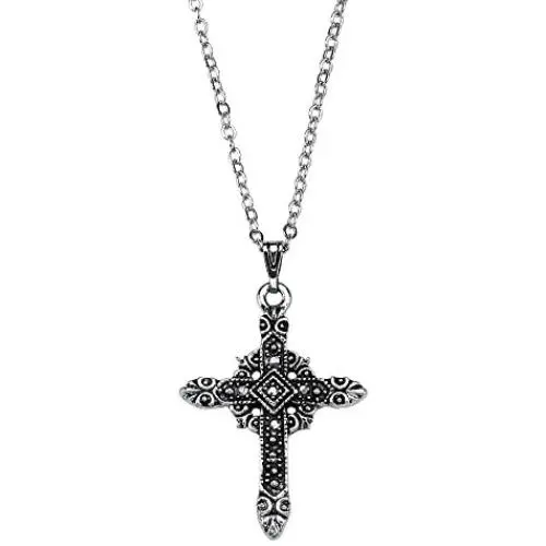 Palm Beach Jewelry Silver Tone Antiqued Round Genuine Black Marcasite Cross Antiqued Pendant (23mm) with 18 inch Chain Palm Beach Jewelry Silver Tone Antiqued Round Genuine Black Marcasite Cross Antiqued Pendant (23mm) with 18 inch Chain
