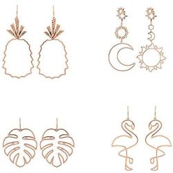 4Pairs Bohemian Hollow Geometric Metal Leaf Pineapple Dangle Drop Earrings for Women Girl Rose Gold Bird Sun Moon Earrings