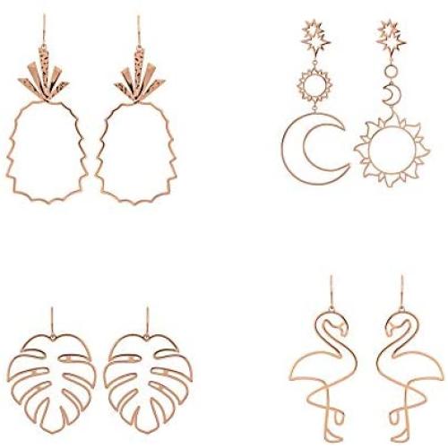 4Pairs Bohemian Hollow Geometric Metal Leaf Pineapple Dangle Drop Earrings for Women Girl Rose Gold Bird Sun Moon Earrings