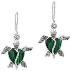 Love Life Sea Turtle Heart Malachite .925 Sterling Silver Dangle Earrings