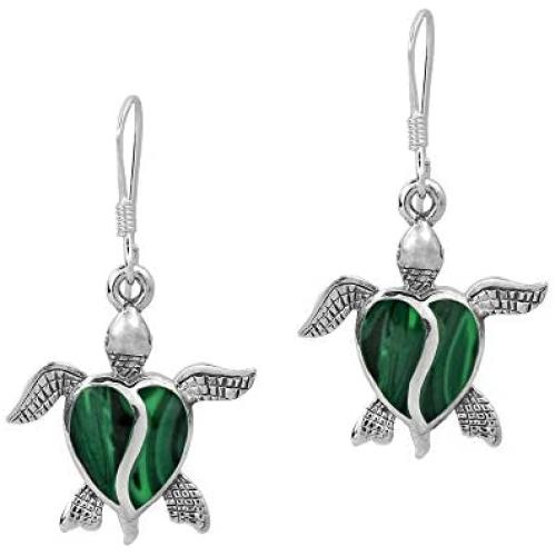 Love Life Sea Turtle Heart Malachite .925 Sterling Silver Dangle Earrings