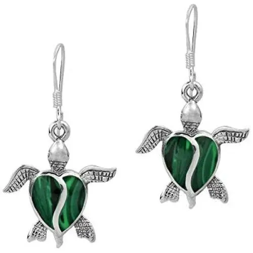 Love Life Sea Turtle Heart Malachite .925 Sterling Silver Dangle Earrings Love Life Sea Turtle Heart Malachite .925 Sterling Silver Dangle Earrings