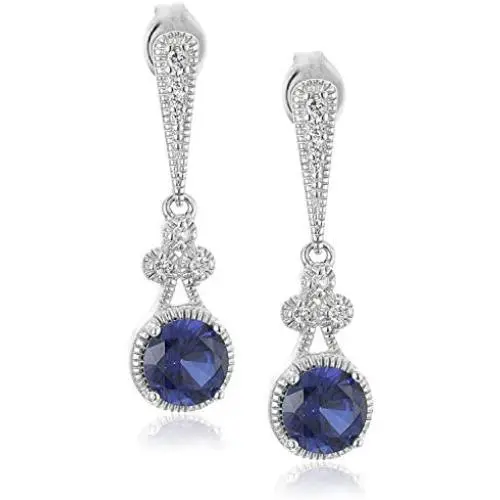 .925 Sterling Silver Round Created Blue Sapphire and White Sapphire Accented Art Nouveau Style Vintage-Inspired 1'' Drop Earrings .925 Sterling Silver Round Created Blue Sapphire and White Sapphire Accented Art Nouveau Style Vintage-Inspired 1'' Drop Earrings