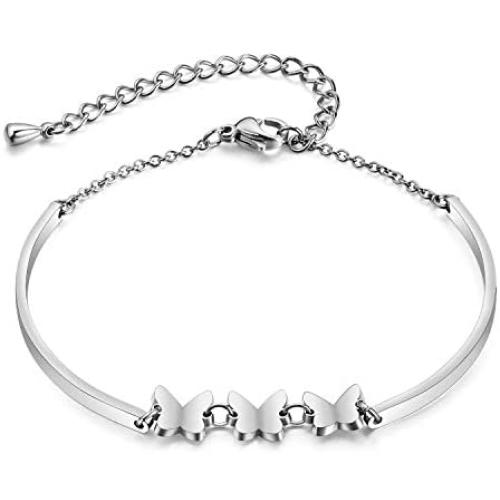 Cupimatch Butterfly Wrist Link Bracelet, Adjustable Stainless Steel Butterfly Charm Cuff Bangle Chain 8 Inch Fashion Jewelry for Women Girls