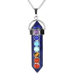 BEADNOVA 7 Chakra Gemstones Necklace Hexagonal Healing Point Crystal Pendant Necklace Stainless Steel Chain 18''