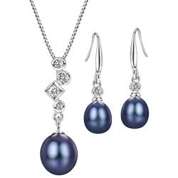 Mints Black Freshwater Pearl Jewelry Set Sterling Silver Necklace and Earrings Set Fine Jewelry for Women