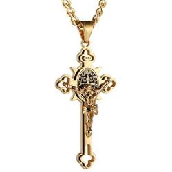 HZMAN Religion Stainless Steel Saint St St. Benedict Crucifix Cross Pendants Necklace INRI