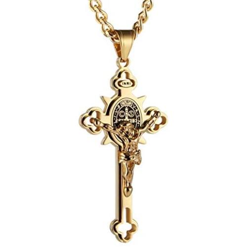 HZMAN Religion Stainless Steel Saint St St. Benedict Crucifix Cross Pendants Necklace INRI