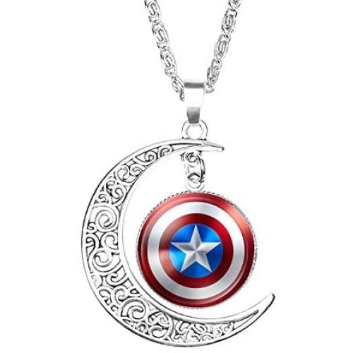 Crafting Mania LLC. 1 Captain America Symbol Crescent Moon Pendant Necklace #1 with Glass Dome for Gift