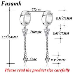 Fusamk Punk Rock Stainless Steel Triangle Ear Clip Earrings Spike Long Chain Dangle Earrings