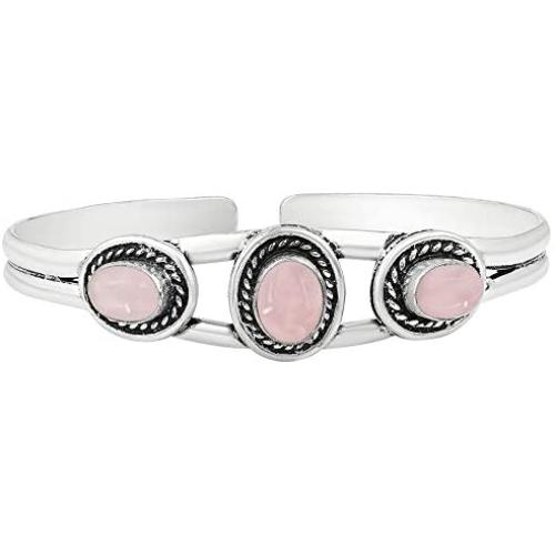 Natural Rose Quartz Cuff Bangle 925 Silver Overlay Handmade Vintage Boho Style Bangle Jewelry