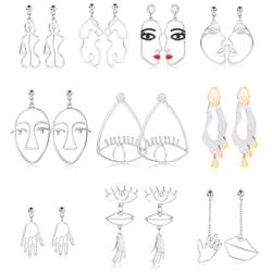 SAILIMUE 10 Pairs Abstract Face Earrings for Women Unique Eyes Lips Hollow Hand Face Outline Earrings Funky Statement Silver Gold Face Drop Dangle Earrings Set