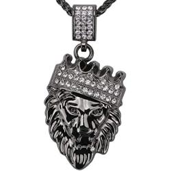 Aiyo Fashion Hip Hop Jewelry Crown Lion Head Pendant Iced Out Clear Rhinestones Curb Cuban Chain Stainless Steel Necklace