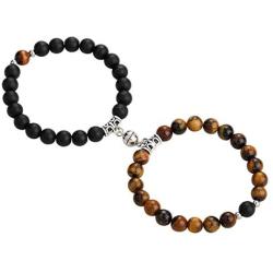 Pingyongchang 2Pcs/Set Couples Magnetic Beaded Bracelets Mutual Attraction Natural Volcanic Stone Beads Bracelet Gifts for Him and Her Lovers Best Friends