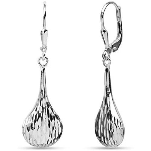 LeCalla Sterling Silver Jewelry Diamond-Cut Tear-Drop Leverback Earrings for Women Girl