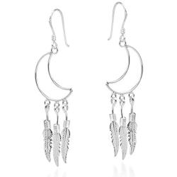 Crescent Moon Outline Chandelier Feathers .925 Sterling Silver Dangle Earrings