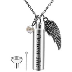 Fanery Sue Personalized Urn Necklace for Human Ashes Keepsake Angel Wing Custom Cremation Jewelry Memorial Cylinder Pendant