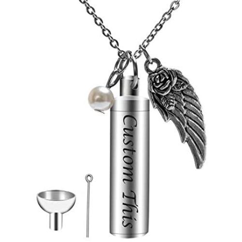 Fanery Sue Personalized Urn Necklace for Human Ashes Keepsake Angel Wing Custom Cremation Jewelry Memorial Cylinder Pendant